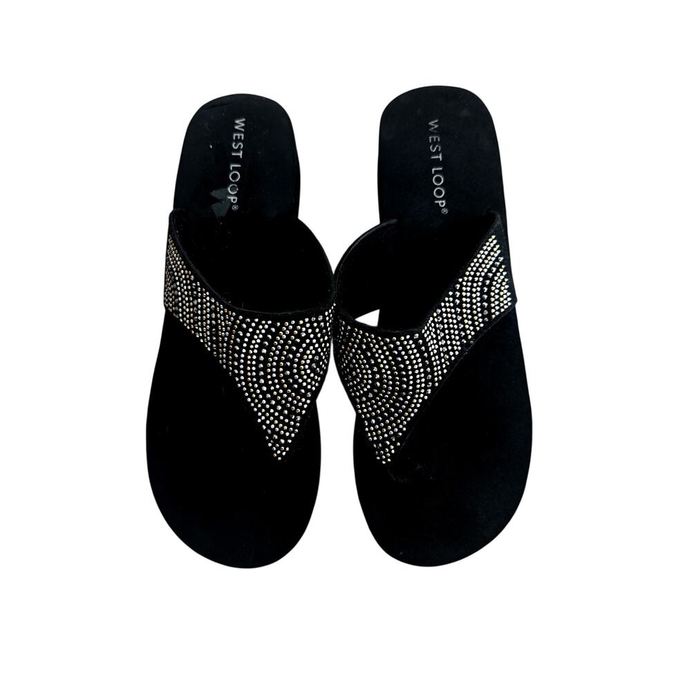 womens westloop black rhinestone embellished platform wedge flipflops Y2K 90's
